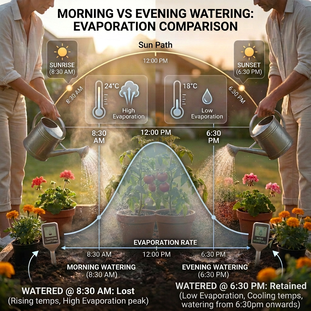 Side-by-side comparison of evening and morning plant watering showing different evaporation rates